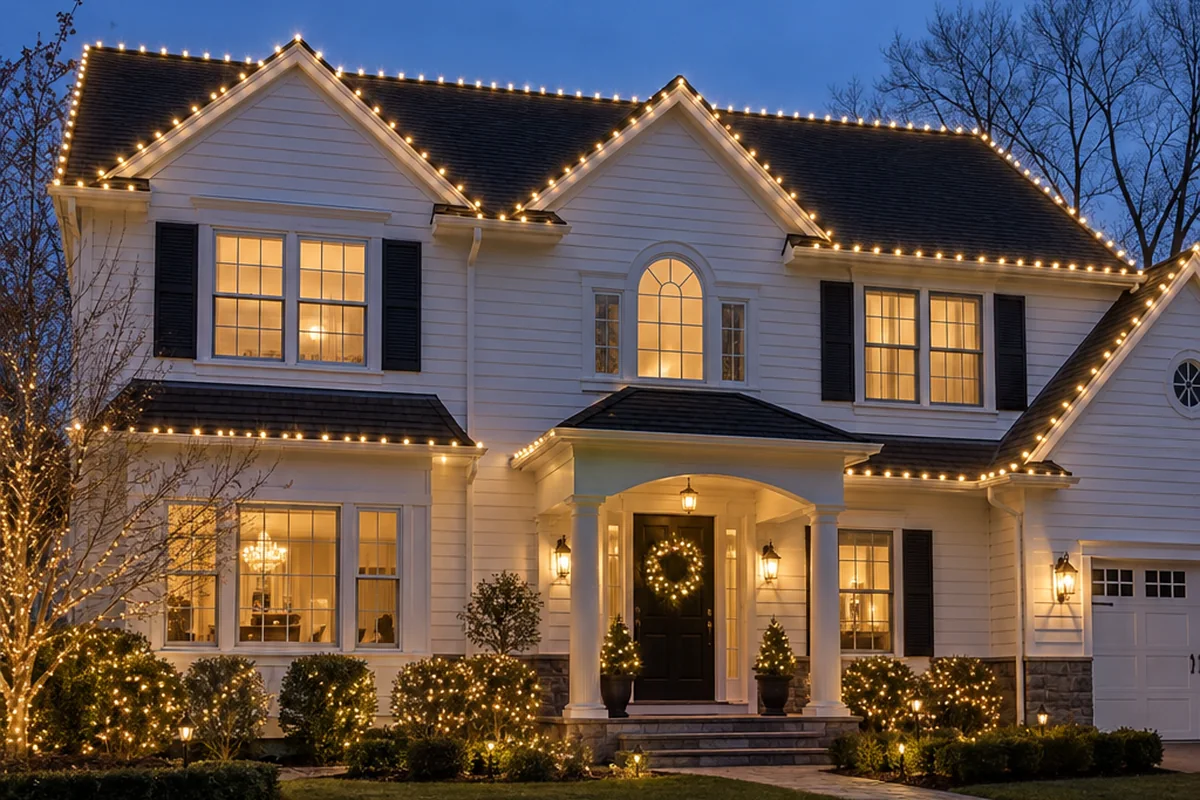 Warm white Christmas roofline lighting design inspiration